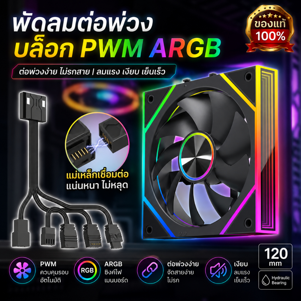 MINGSU พัดลมเคสต่อพ่วงแบบบล็อก PWM ARGB รุ่นประกอบแม่เหล็ก ควบคุมรอบอัตโนมัติ เงียบ ลมแรง
