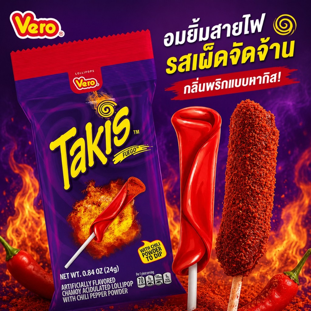 Vero Takis Fuego Lollipop with Chili Pepper Powder ลูกอมรสเผ็ด อมยิ้มผงพริก