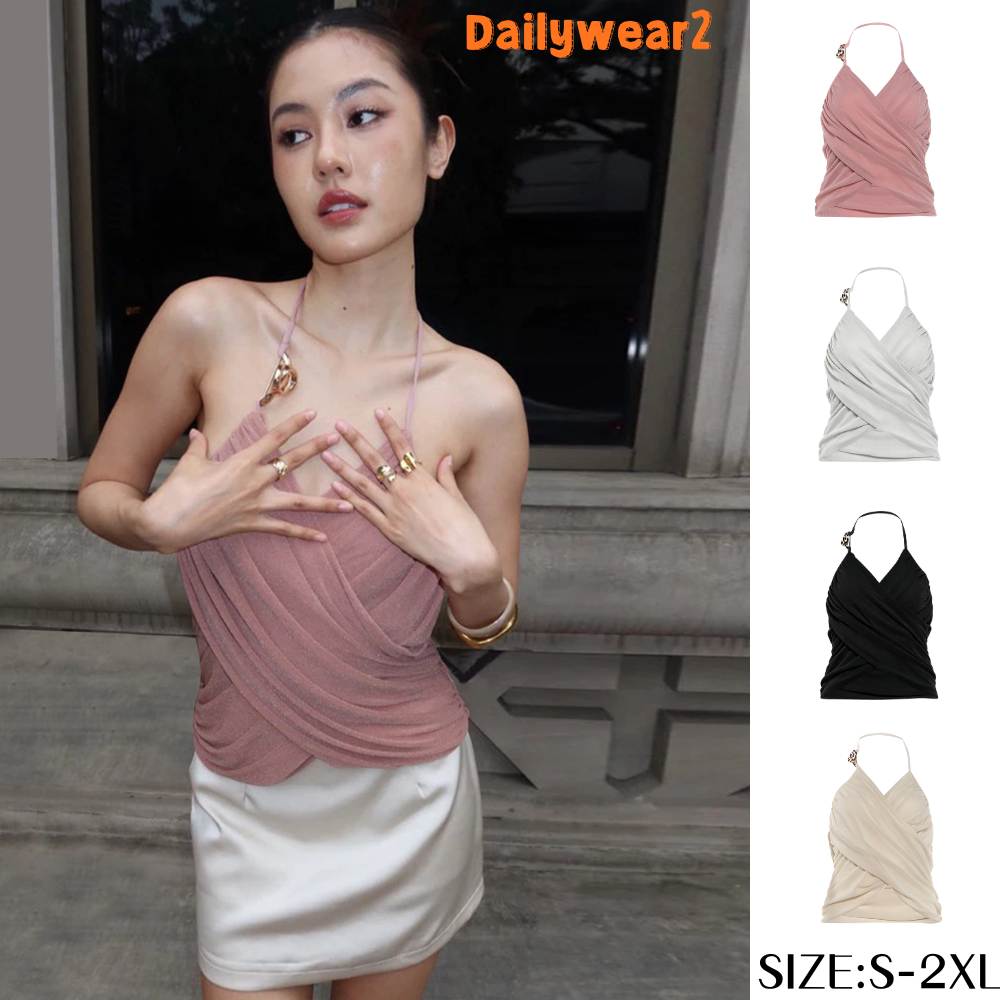 Dailywear พร้อมส่ง ✨เสื้อกล้ามสายเดี่ยว ดีไซน์พิเศษ สไตล์สาวแซ่บ คอวี ลายพับ คอห้อย กระชับสัดส่วน สำหรับผู้หญิง