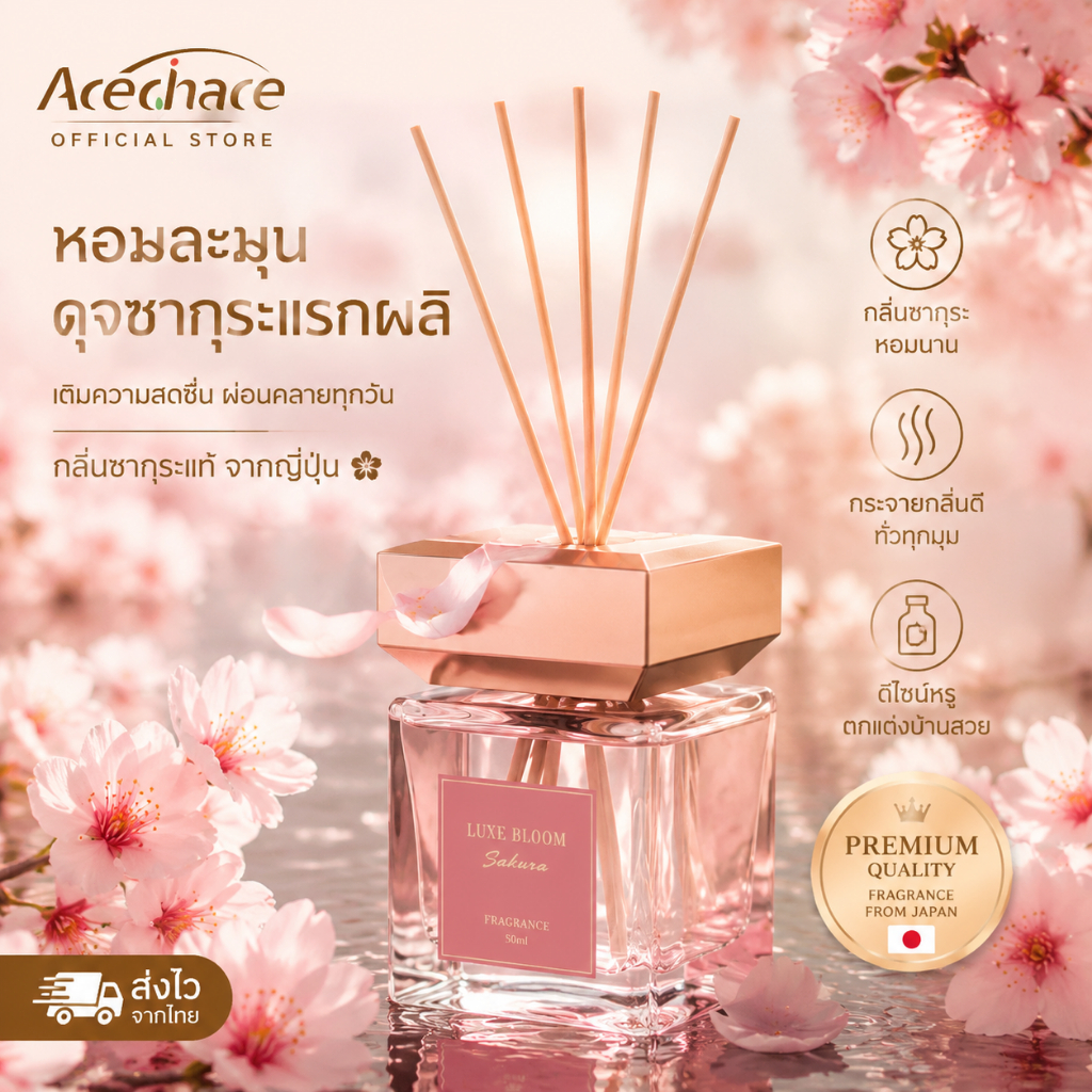 【กลิ่นซากุระญี่ปุ่น】ก้านไม้หอม กลิ่นแบรนด์ ขนาด 500 mlใช้ได้นาน 6 เดือนน้ำหอมปรับอากาศน้ำหอมก้านไม้