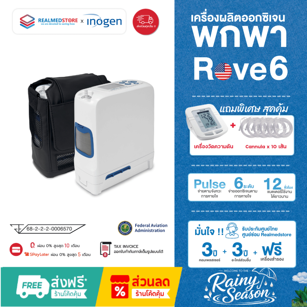 เครื่องผลิตออกซิเจนพกพา Inogen รุ่น Rove 6 USA เล็กเบา แบตใช้ได้ 12 ชั่วโมง รับประกันศูนย์ไทย 3 ปี