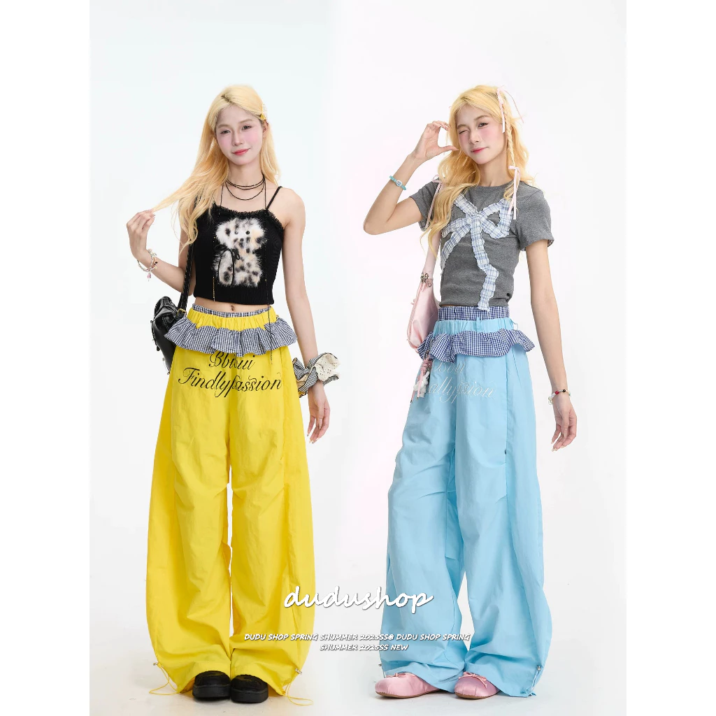 [Plaid ruffled wide leg pants]สไตล์กีฬาหวานเทรนด์ลายสก๊อตใบบัวผู้หญิงสบาย ๆ กางเกงขากว้าง
