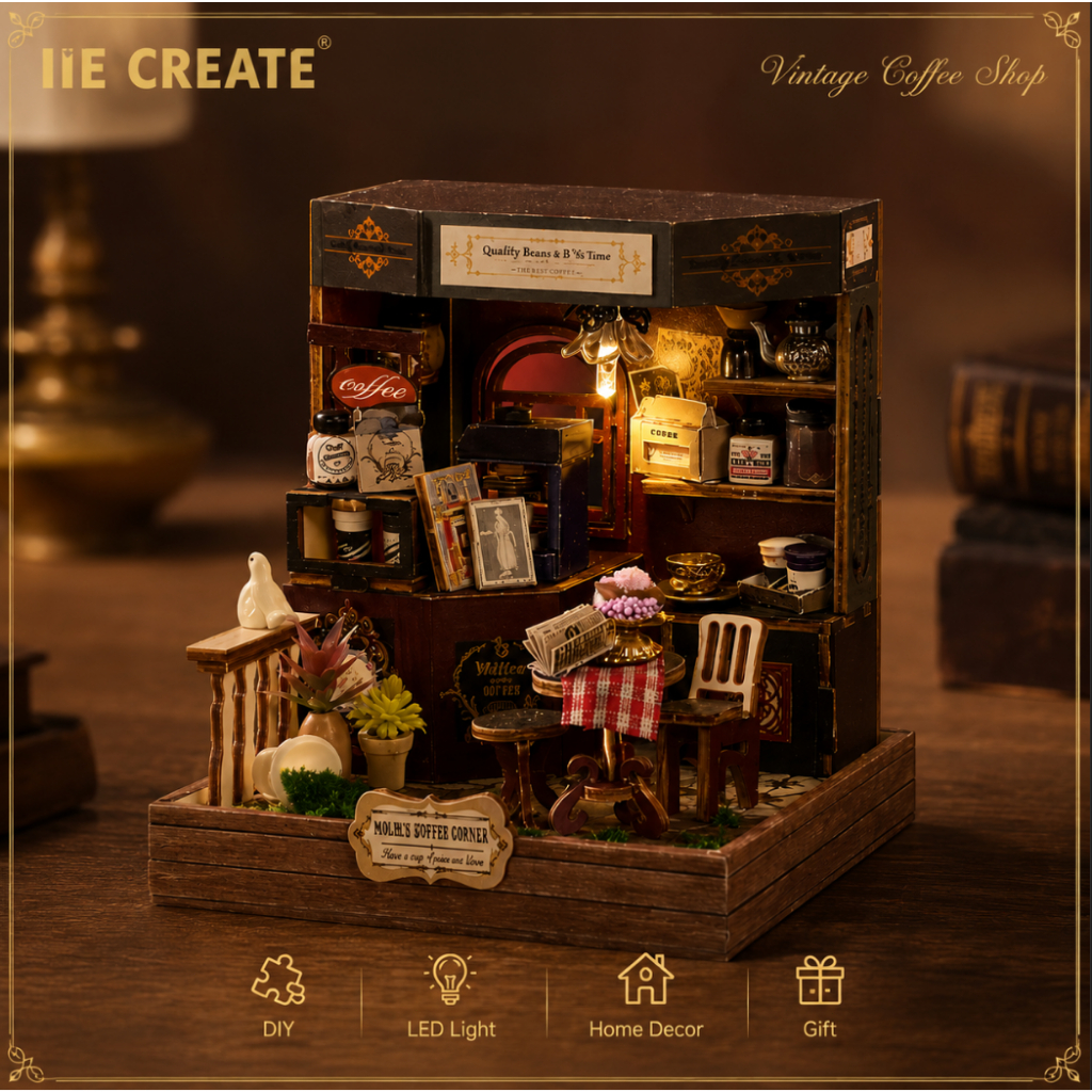 IIE CREATE K-079 DIY บ้านจิ๋ว คาเฟ่มินิ Coffee Shop โมเดลจิ๋วประกอบเอง มีไฟ ตกแต่งโต๊ะ ของขวัญแฮนด์เมด