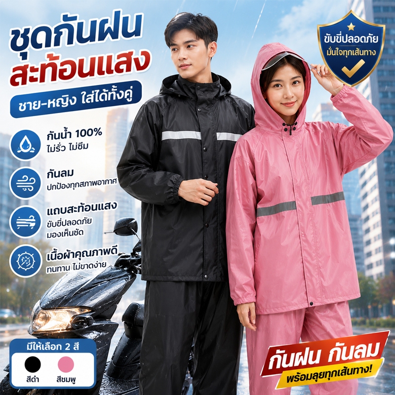 MCBS ชุดกันฝน raincoat เสื้อ+กางเกง มีแถบสะท้อนแสง รุ่นหมวกติดเสื้อ เสื้อกันฝน