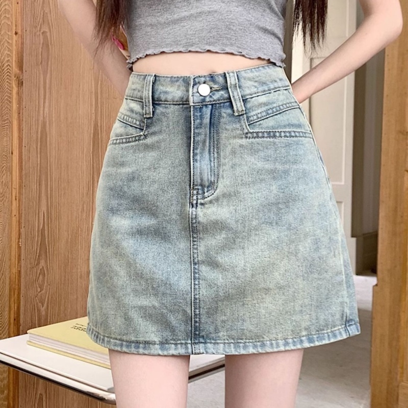 กระโปรงยีนส์ปักโบว์สีฟ้าอ่อน เอวสูง ไซส์ XS-2XL พร้อมส่ง สวยน่ารัก ใส่แล้วขายาว