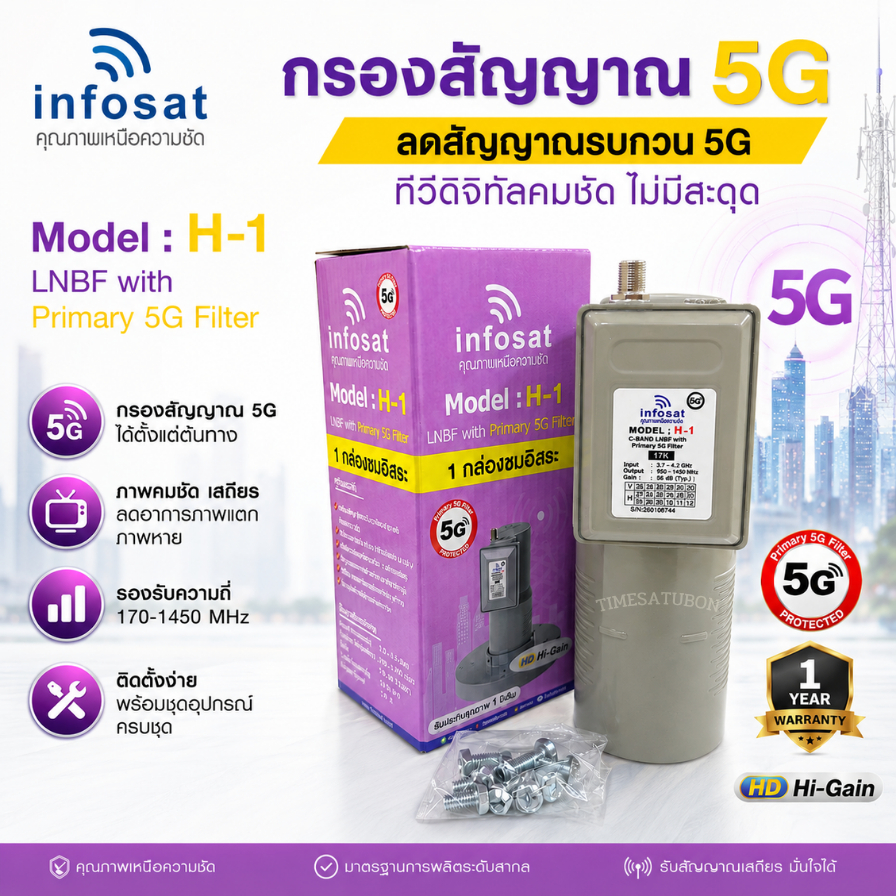 (ไม่มีสการ่าลิง)LNBF INFOSAT รุ่น H1+ ระบบ C-Band ตัดสัญญาณรบกวน 5G