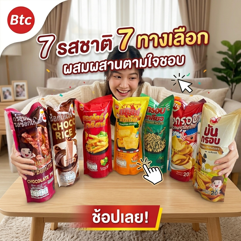 Btc ขนมขบเคี้ยว 7 รสชาติ (ช็อกโกแลต/มันฝรั่ง/กุ้ง/สาหร่าย) ขนมทานเล่นอร่อย มีฮาลาล ขนาด 20g-23g