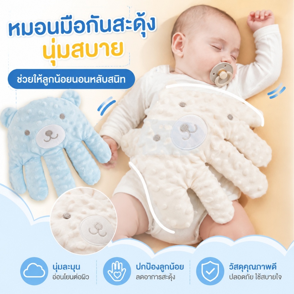 หมอนมือกันสะดุ้ง เปรียบเสมือนฝ่ามือแม่ สำหรับเด็กตั้งแต่เเรกเกิด ด้านถั่วแดง มือตบกล่อมเด็กนอน ด้วยรีโมทคอนโทรล