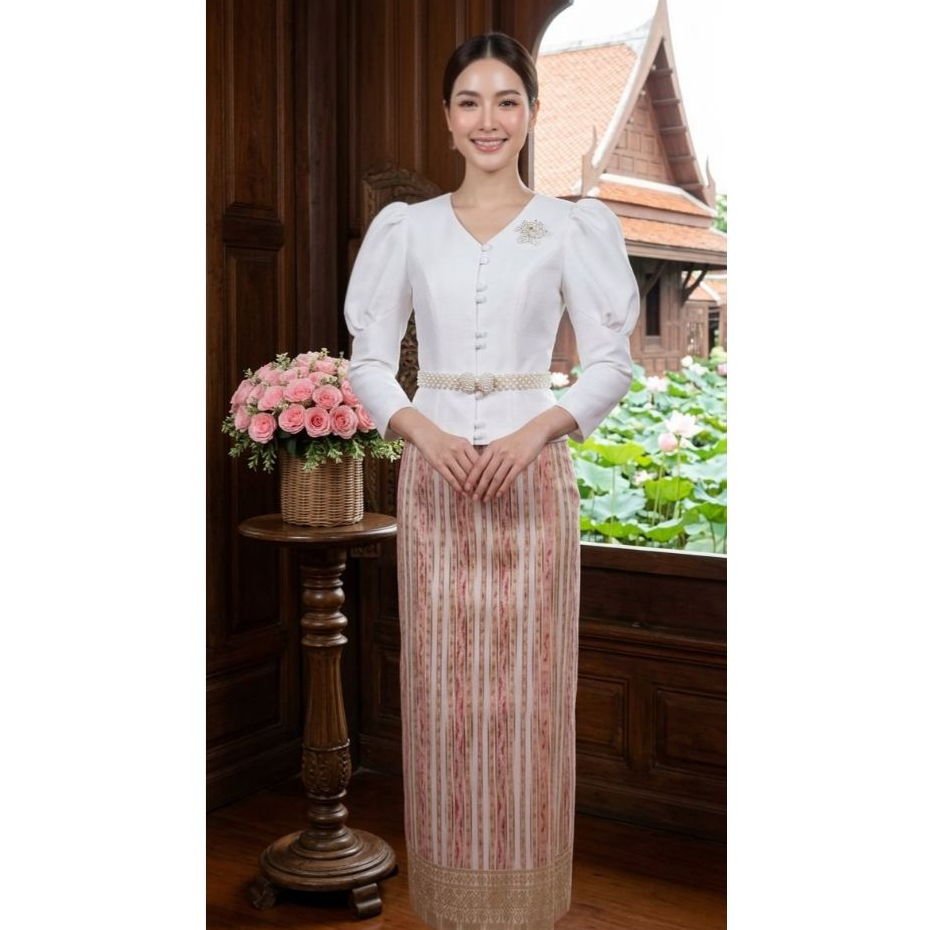 ผ้าถุงตัดสำเร็จไหมมัดหมี่สาเกตุมีเชิง (ถ17)