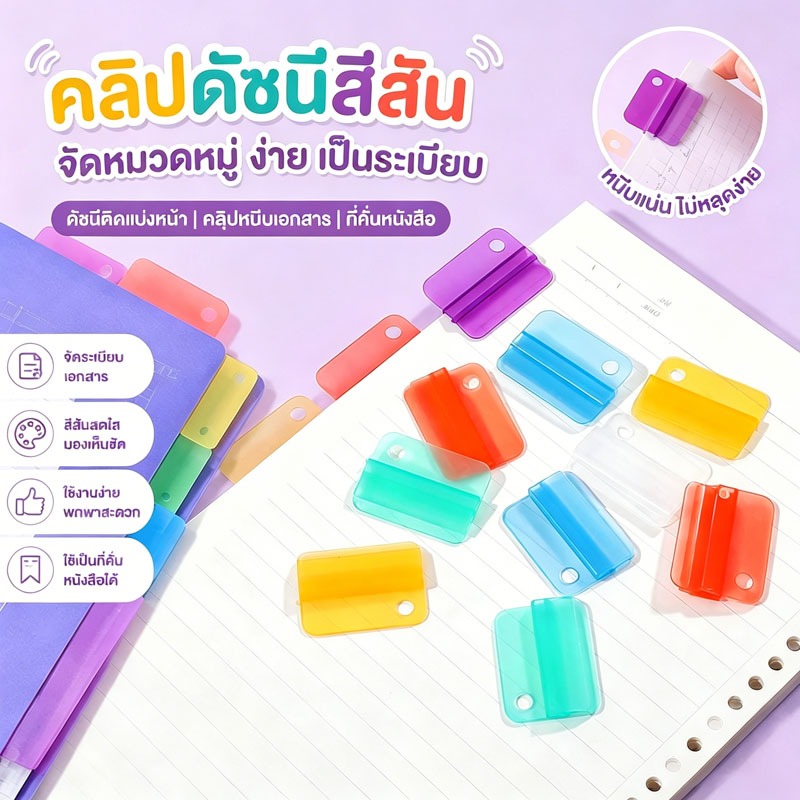 คลิปดัชนีสีสัน คละสี คลิปแบ่งหน้าสมุด แหว่ง แฟ้มเอกสาร โปร่งแสง หนีบแน่น ไม่หลุดง่าย