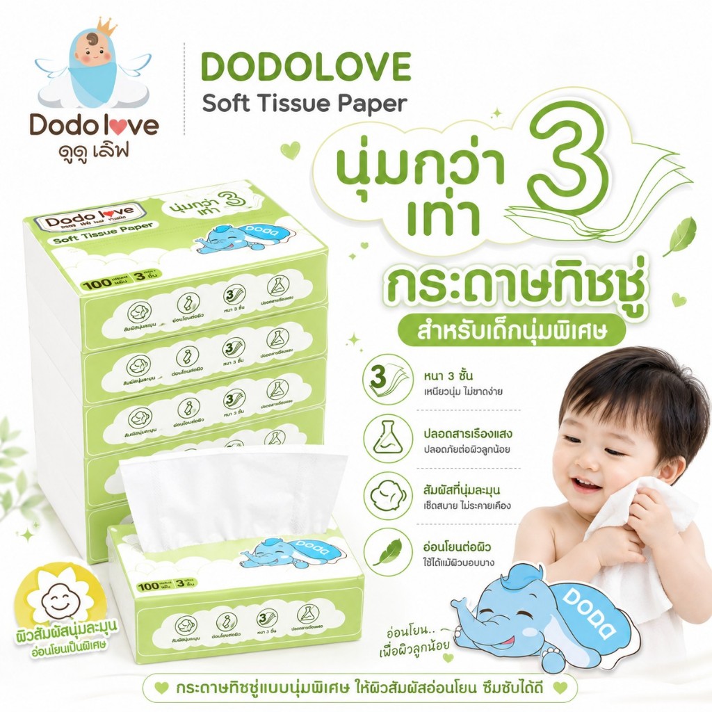 ส่งด่วน [ยกแพ็ค 6] DODOLOVE Soft Tissue Paper กระดาษทิชชู่สำหรับเด็กอ่อน สัมผัสที่นุ่มละมุนพิเศษนุ่มกว่า 3 เท่า
