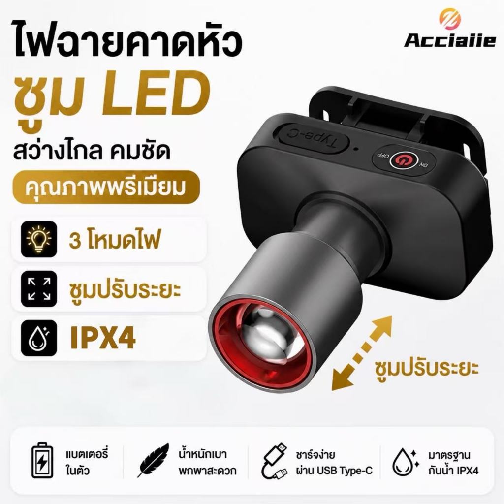 Acciaiie ไฟฉายคาดหัว ไฟฉายซูมได้ Led จอแสดงผลอัจฉริยะ  3 โหมดแสง  เดินป่า  ไฟฉายพกพา
