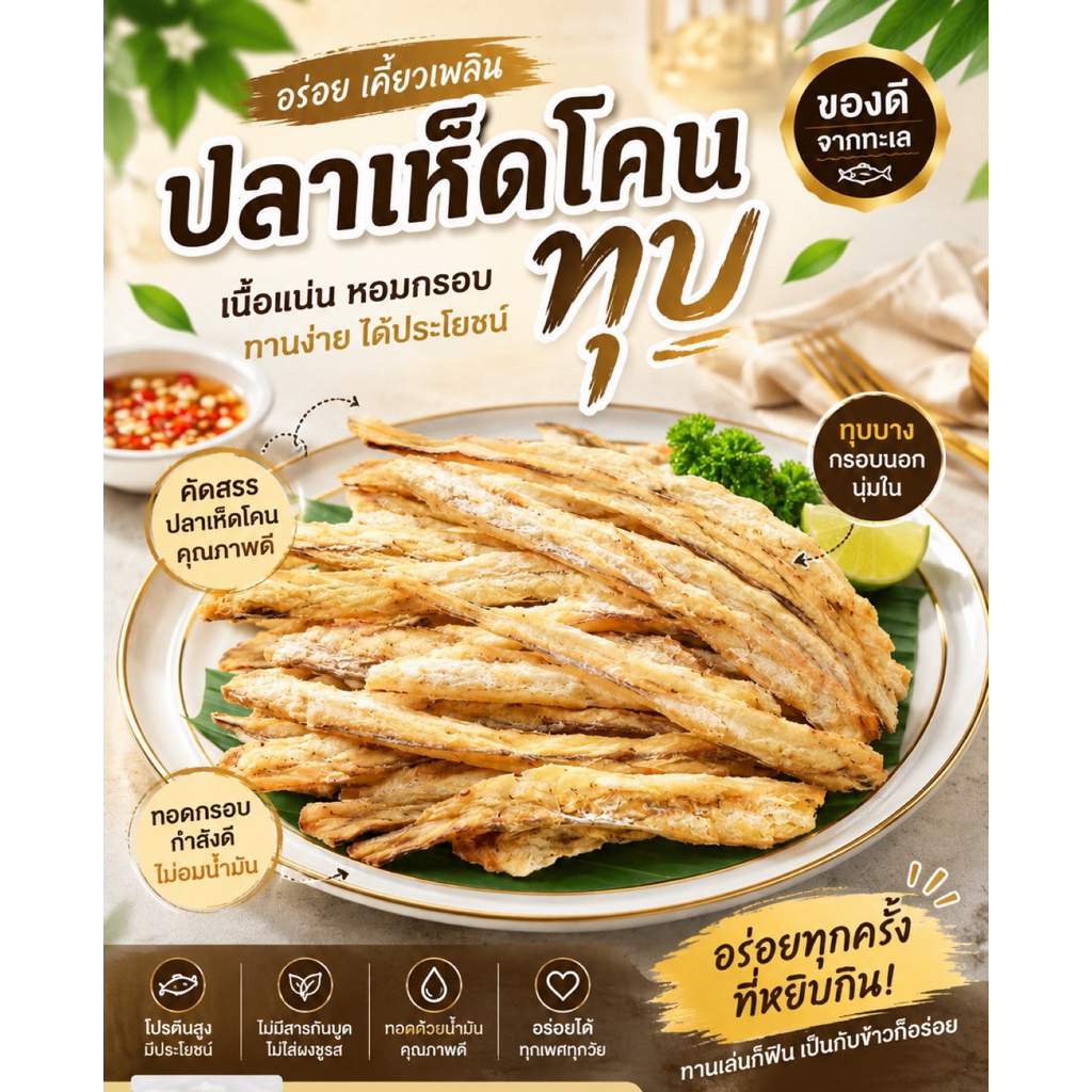 ปลาเห็ดโคนทุบ เกรดพรีเมี่ยม 1 ถุง 100 กรัม จากปลาเห็ดโคน 100%