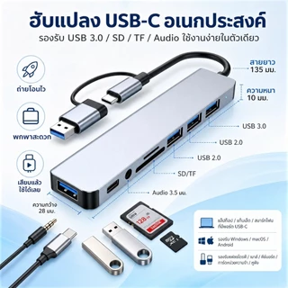 [ส่งไวจากไทย] 8 in 1 อะแดปเตอร์ฮับ USB+Type C HUB USB C เป็น USB 3.0 การ์ดรีดเดอร์ SD TF pd HUB 3.5 มม. สำหรับโทรศัพท์ม