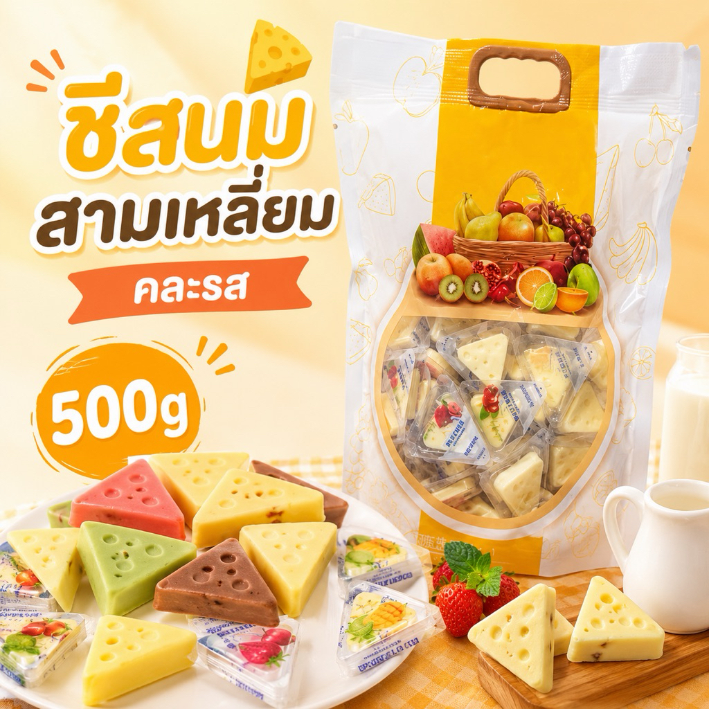 ชีสนมสามเหลี่ยม คละรส 1ห่อ500g 75-77ชิ้น
