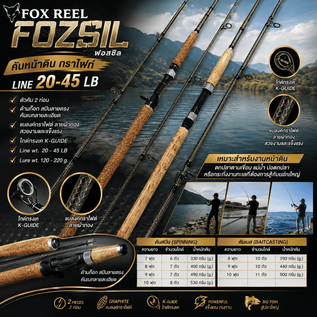 [ ของแท้ ] คันหน้าดิน กราไฟท์ Fox Reel FOZSIL ฟอสซิล Line 20-45 LB