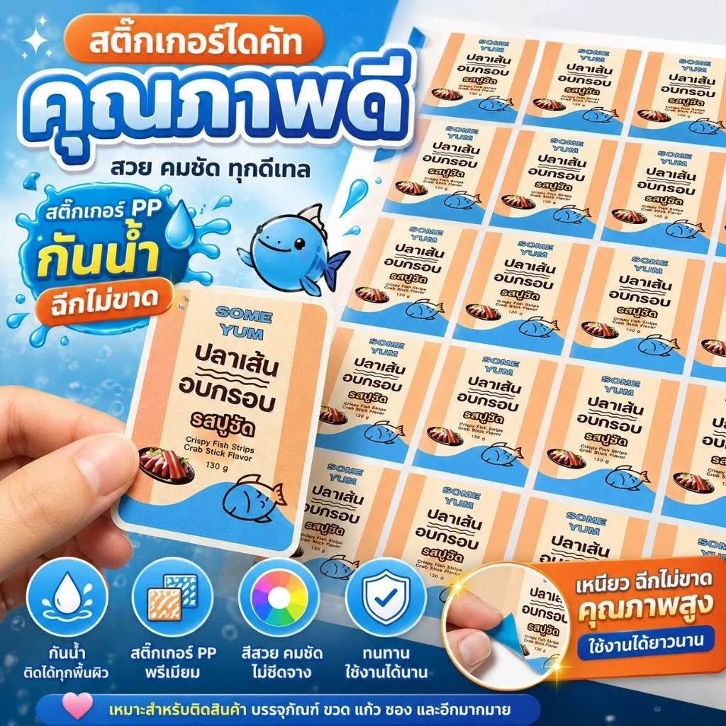 ฉลากสินค้า สติ๊กเกอร์ไดคัท โลโก้ PP เงา กันน้ำ พิมพ์ 5 สีพิเศษ สีสดโดดเด่น ขนาด A3 ไม่จำกัดดวง