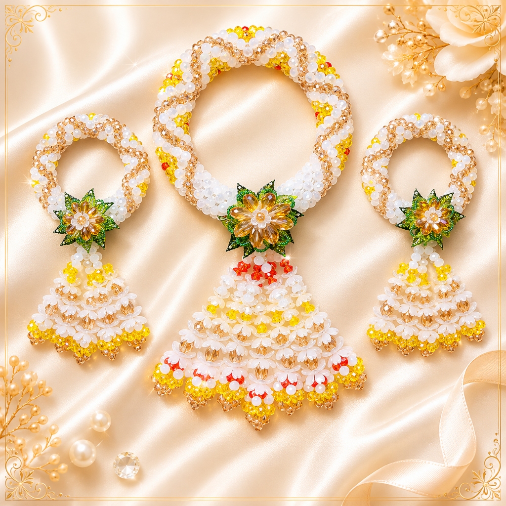 ✨พวงมาลัยคริสตัล Golden Blossom Set สีทองครีม | งานแฮนด์เมดหรู แขวนรถ-ตกแต่งห้อง