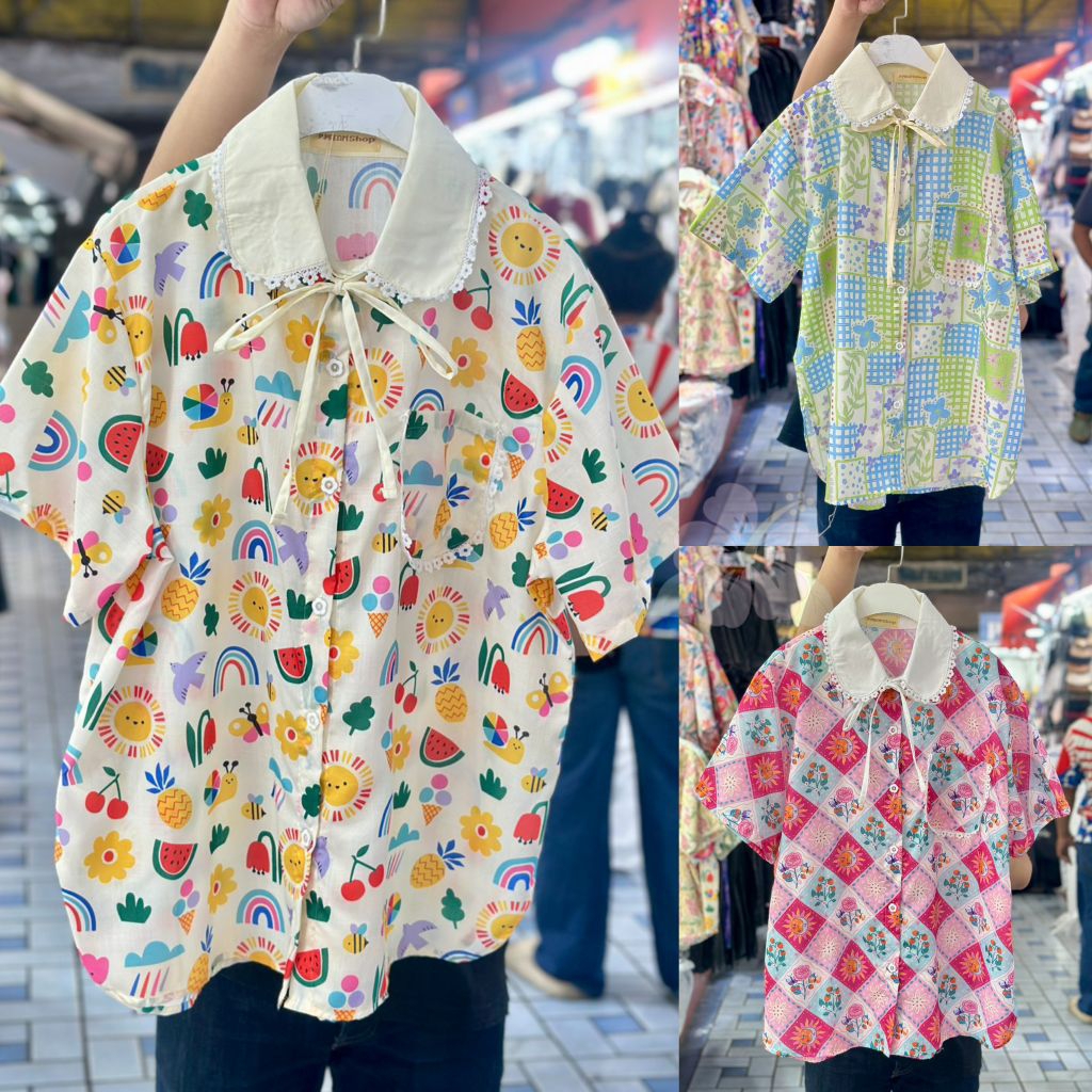เสื้อเชิ้ตแฟชั่นสาวอวบ ทรงคอบัว มีเชือกผูกโบว์*ผ้าคอตตอนผสมลินิน ลายสวย🌺