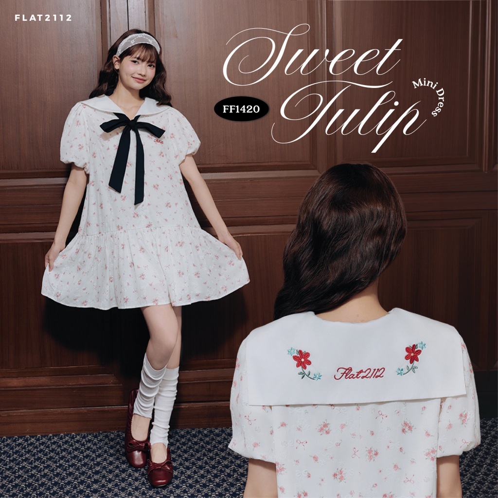 FLAT2112 : SWEET TULIP MINI DRESS เดรสสั้นสีขาวลายดอก เดรสโบว์ดำผู้หญิง เดรสสั้นสไตล์เกาหลี เดรสคอปกกะลาสี (FF1420)