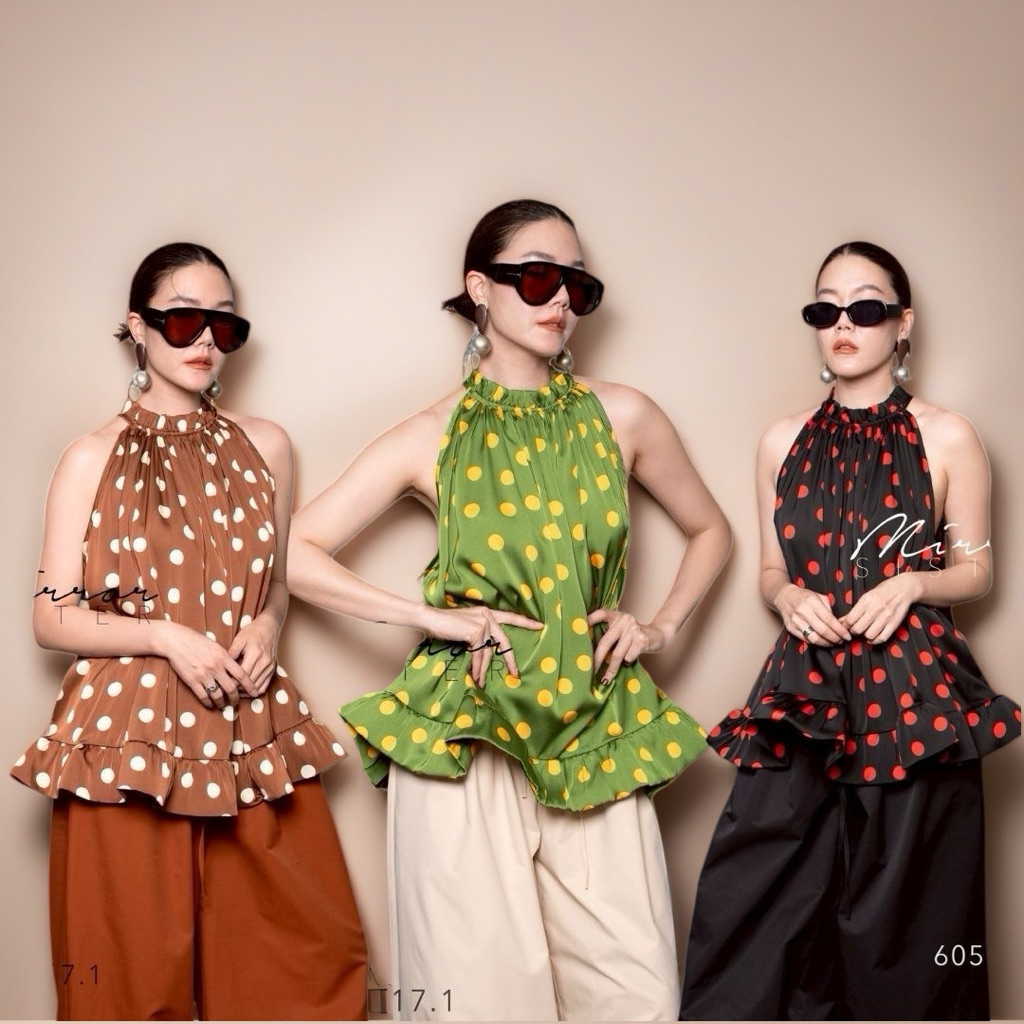 MRS | MIRRORSISTER🔖 60517.1 เสื้อแขนกุดทรงคอปีนแต่งระบายผูกคอด้านหลัง ดีไซน์ทรงเอ
