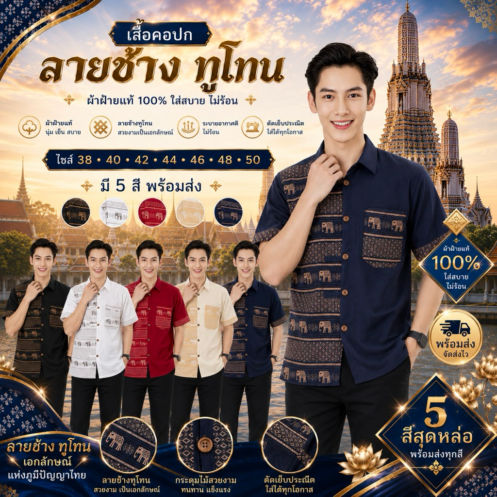 เสื้อเชิ้ตผู้ชาย ลายช้างทูโทน (คอเชิ้ตอัดกาว)