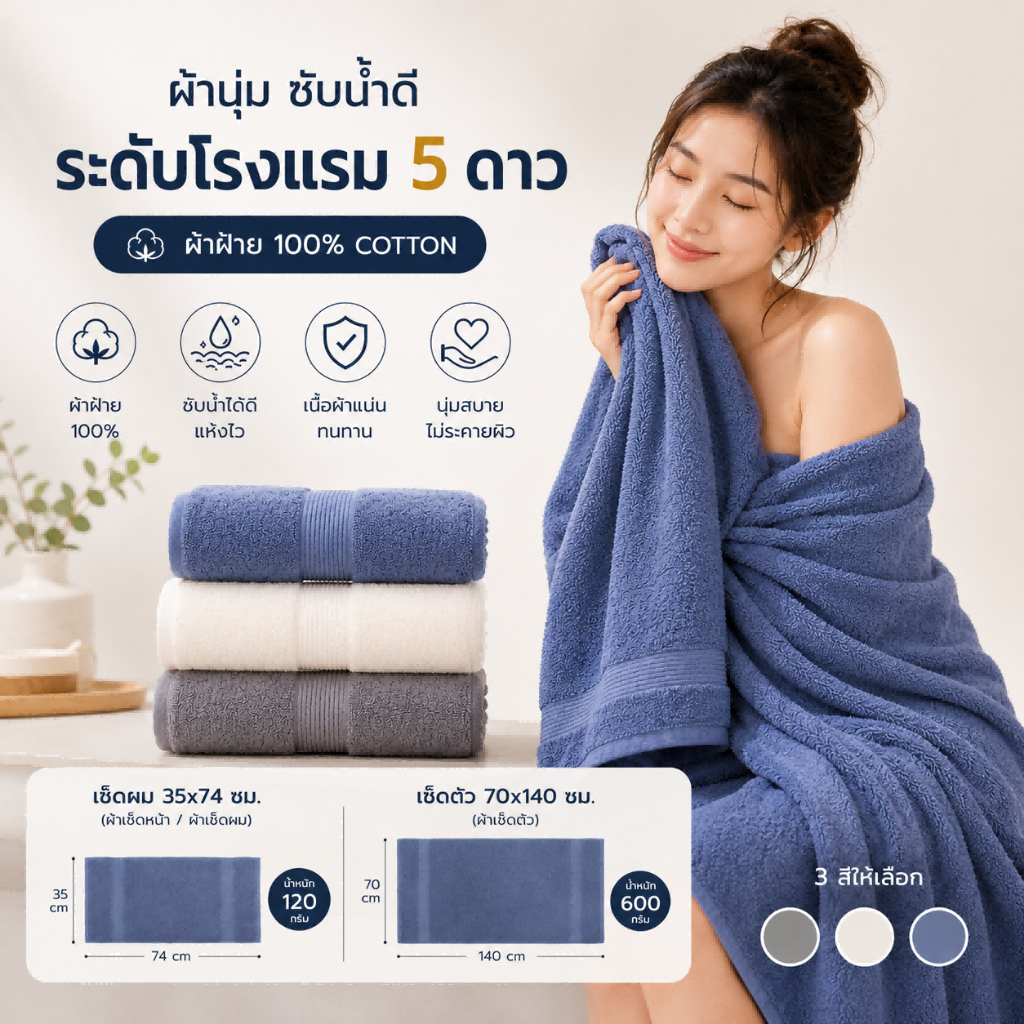 ผ้าเช็ดผม และผ้าเช็ดตัว ทอด้วยคอตตอน 100% เกรดpremium   ผ้าของเราคุณภาพดี เพราะเราใส่ใจในการผลิต ใช้คอตตอนใยยาว ทอด้ายคู