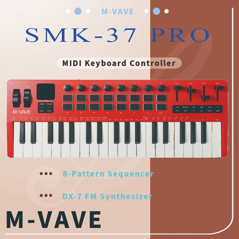 M-VAVE SMK-37 PRO คีย์บอร์ด MIDI 37 คีย์พร้อมซินธิไซเซอร์ DX-7 FM, MIDI ไร้สาย และซีเควนเซอร์ 8 รูปแ