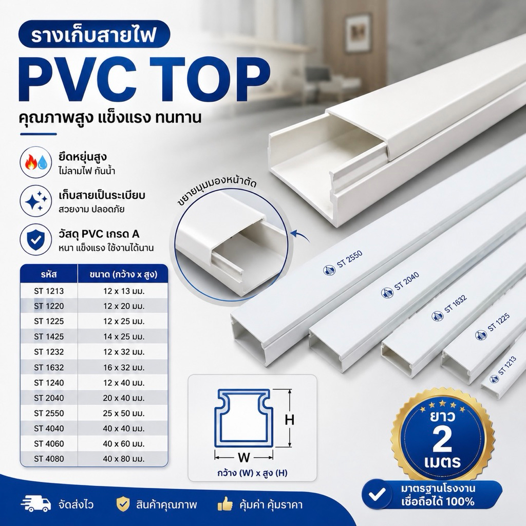 รางเก็บสายไฟอเนกประสงค์ PVC TOP รางเก็บสายไฟ PVC สีขาว ยาว 2 เมตร