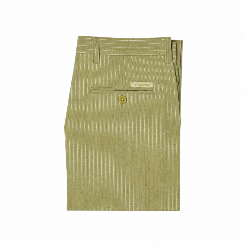 Hazard กางเกงขายาวลายทางไม่มีจีบ ผ้า Linen(ลินิน) สีกากี