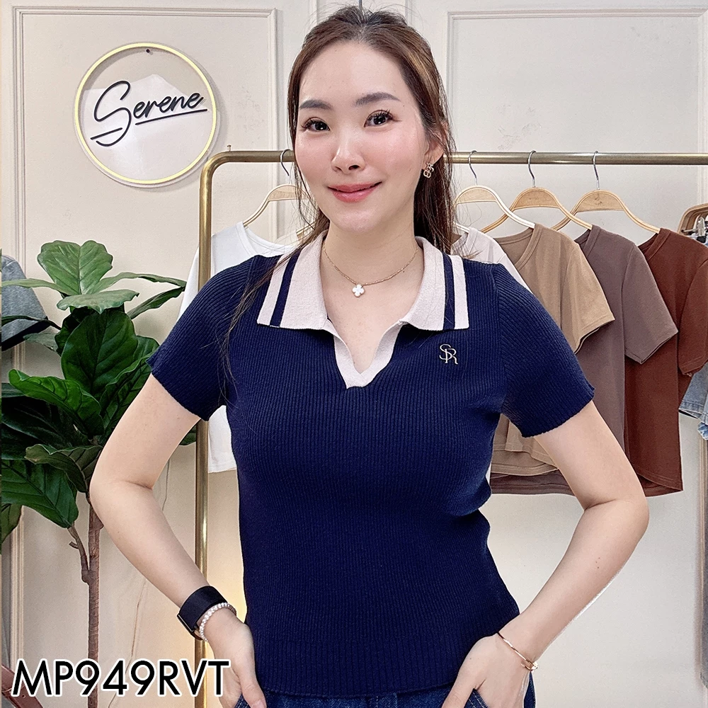 Serene's Choice เสื้อไหมพรม คอปก ริ้ว ทูโทน เข้ารูป ปักโลโก้ Serene เสื้อถักนิตติ้ง คอโปโล สไตล์เกาหลี น่ารักมาก