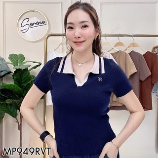 Serene's Choice เสื้อไหมพรม คอปก ริ้ว ทูโทน เข้ารูป ปักโลโก้ Serene เสื้อถักนิตติ้ง คอโปโล สไตล์เกาหลี น่ารักมาก