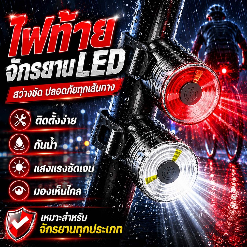 ไฟท้ายจักรยาน ไฟท้าย ขี่จักรยาน ไฟท้ายจักรยานอัจฉริยะ กันน้ำ ไฟสว่างมาก สำหรับขี่กลางคืน กันน้ำ IPX5
