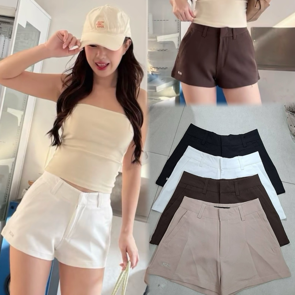 M2M (G102)กางเกงขาสั้น กระเป๋าเจาะเฉียง ผ้าเป็นเป้+สก๊อตขนสัตว์ S25” ยาว12“