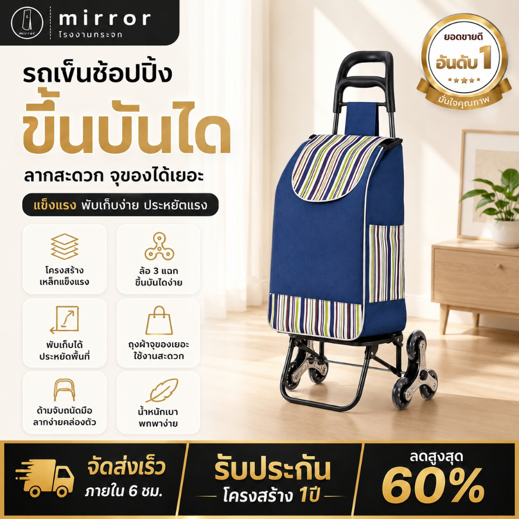 รถเข็นกระเป๋าขึ้นบันได รถเข็นของอเนกประสงค์ ล้อลาก 3 แฉก พับเก็บได้ ถุงผ้าจุของเยอะ ด้ามจับถนัดมือ