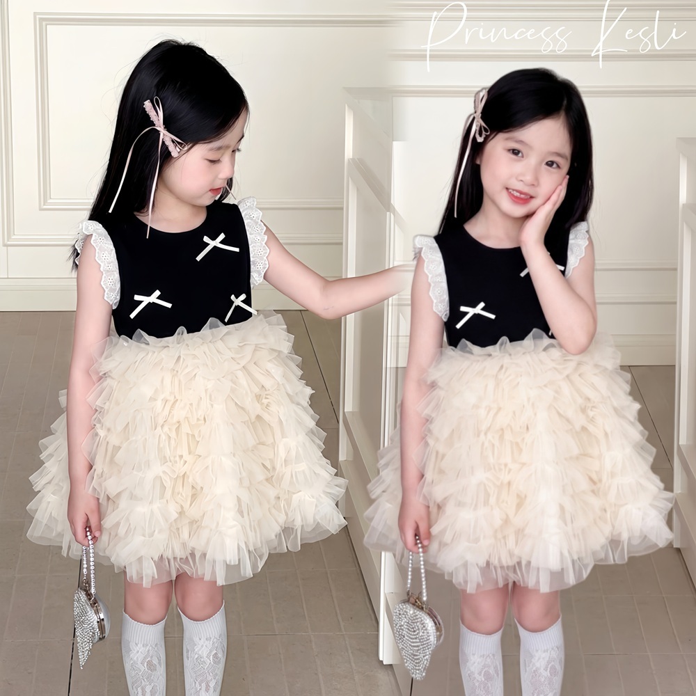 PRINCESS KESLI ชุดเดรสเด็กผู้หญิง สาวฤดูร้อน แขนกุด เสื้อผ้าเด็ก ตาข่าย โบว์ สไตล์น่ารัก 2-9 ปี
