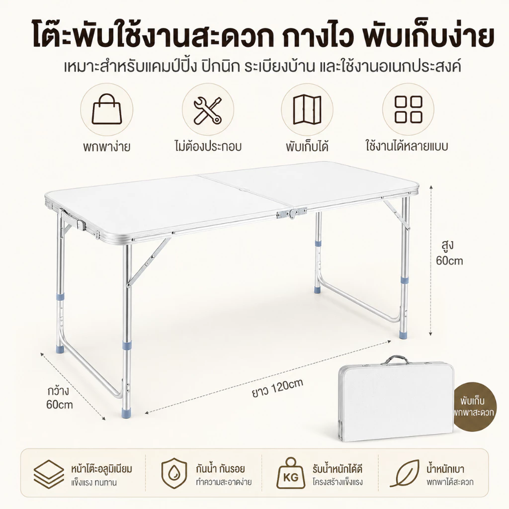 MMY โต๊ะพับ โต๊ะแคมป์ปิ้ง แบบพกพา 120/80CM ขาอลูมิเนียม รับน้ำหนักได้800กก ไม่ต้องประกอบ อเนกประสงค์ thumbnail 4