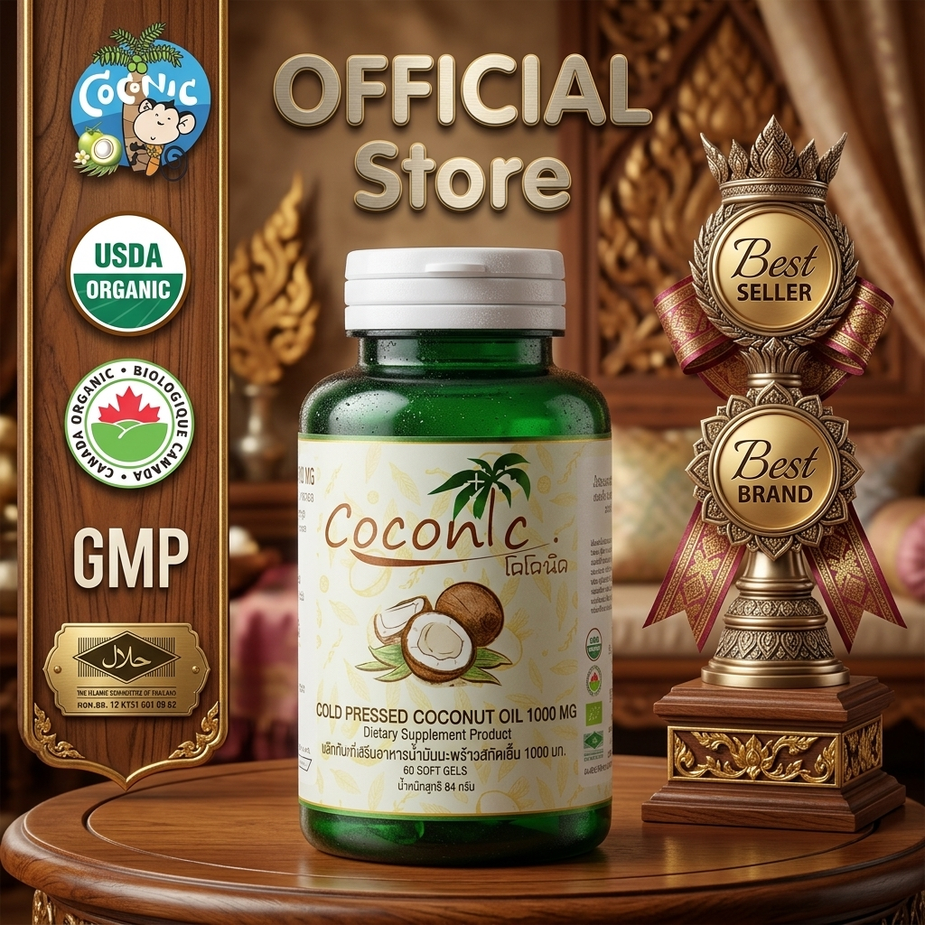 coconut oil  น้ำมันมะพร้าวออร์เเกรนิค สกัดเย็น ชนิดแคปซูล เม็ดละ1000มิลลิกรัม กระปุกละ 60 เม็ด