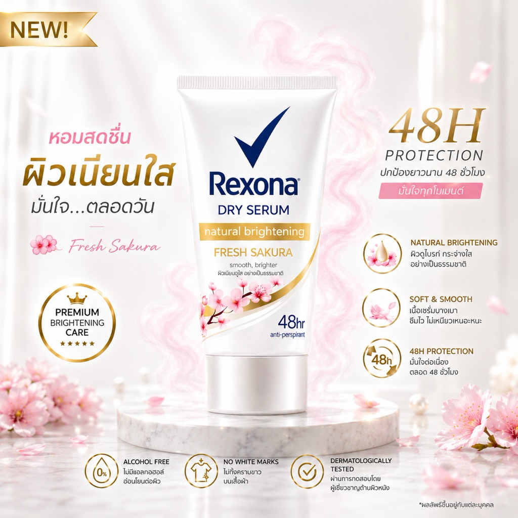 Rexona Dry Serum Fresh Sakura 50 ml. หอมกลิ่นซากุระ ละมุน ไม่ฉุน เนื้อบางเบา ซึมไว ไม่เหนอะหนะ  ช่วยให้ผิวใต้วงแขนดูสดใส