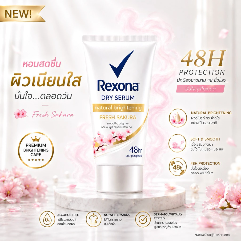 Rexona Dry Serum Fresh Sakura 50 ml. หอมกลิ่นซากุระ ละมุน ไม่ฉุน เนื้อบางเบา ซึมไว ไม่เหนอะหนะ ช่วยให้ผิวใต้วงแขนดูสดใส