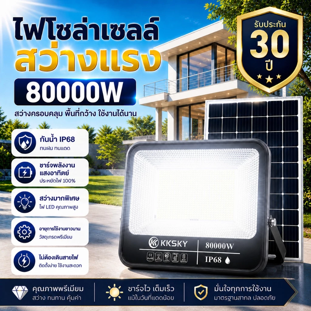 EEKOO ไฟโซล่าเซลล์ 80000W กันน้ำ IP68 สว่างมาก ไฟถนน LED พลังงานแสงอาทิตย์ สำหรับสวน ภายนอกบ้าน 30000W 200000W