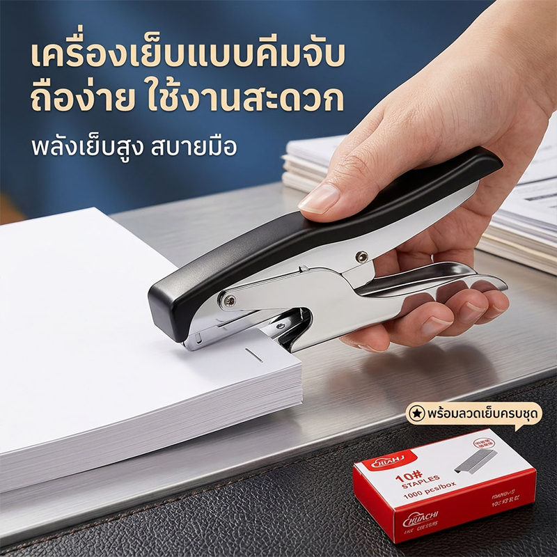 เครื่องเย็บกระดาษ แม๊กเย็บกระดาษ แม๊กเย็บแบบครีม ทำให้สะดวกและเบาแรง เย็บได้สูงสุด 25 แผ่น