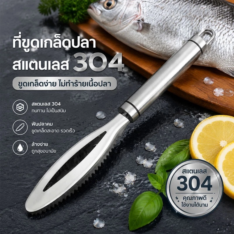 ที่ขูดเกล็ดปลา สแตนเลส 304 คมทนทาน ขูดเกล็ดสะอาด ไม่ทำร้ายเนื้อปลา ล้างง่าย จับถนัดมือ