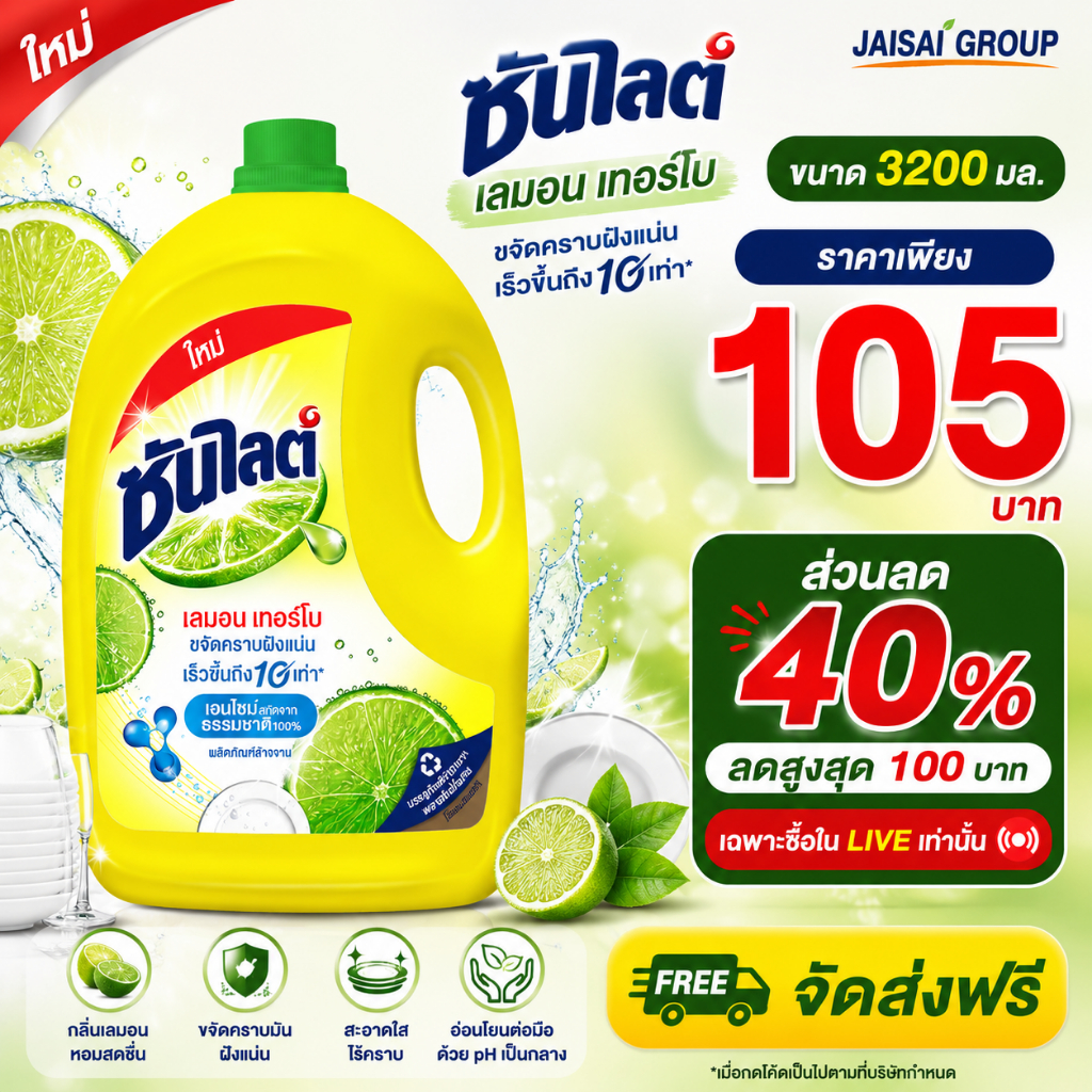 พร้อมส่ง🟡LIVE40%100🟡 ซันไลต์ น้ำยาล้างจานเลมอน แกลลอน 3200 มล.