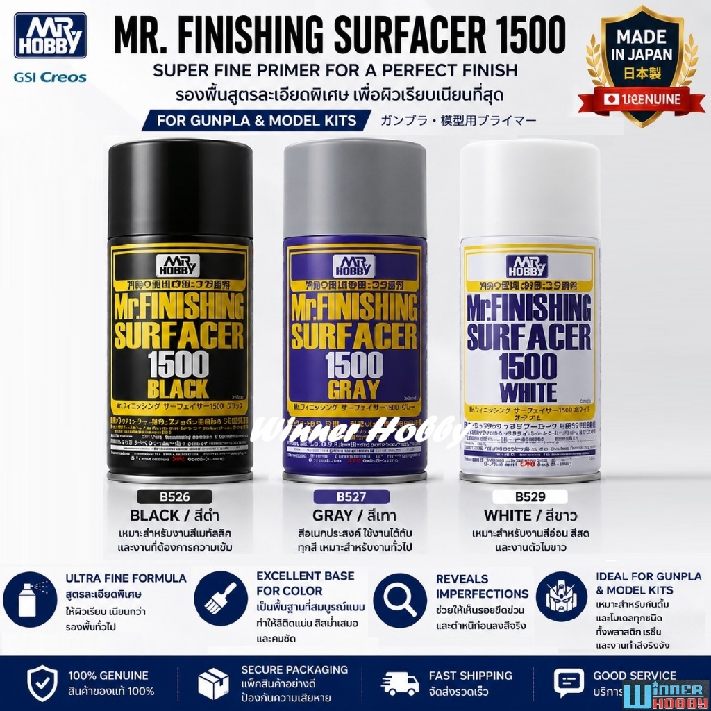 GSI Creos Mr Hobby B526 B527 B529 Mr Finishing Surfacer 1500 Spray Primer Surfacer สเปรย์รองพื้น กันดั้ม โมเดล Gunpla
