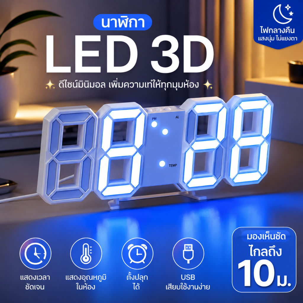 นาฬิกา LED 3D ดิจิตอล มินิมอล ตั้งโต๊ะ แต่งห้อง ไฟกลางคืน USB นาฬิกาปลุก ดูอุณหภูมิ