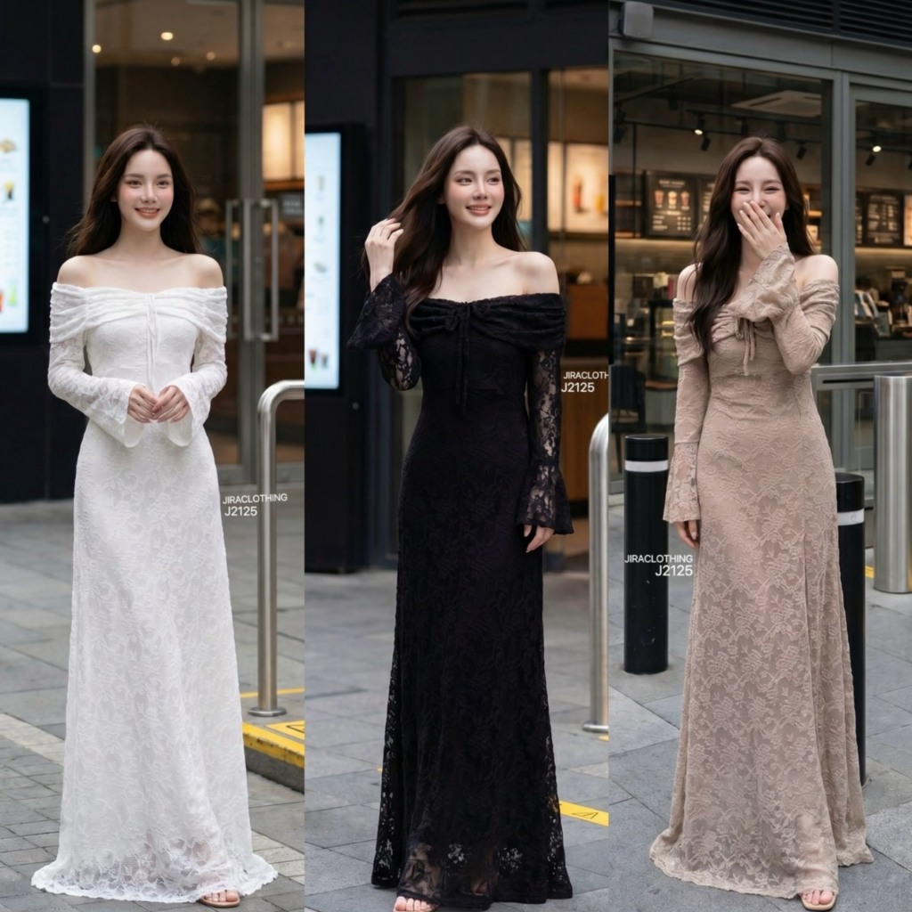 J2125 JiraClothing เดรสลูกไม้ปาดไหล่แขนยาวซีทรู