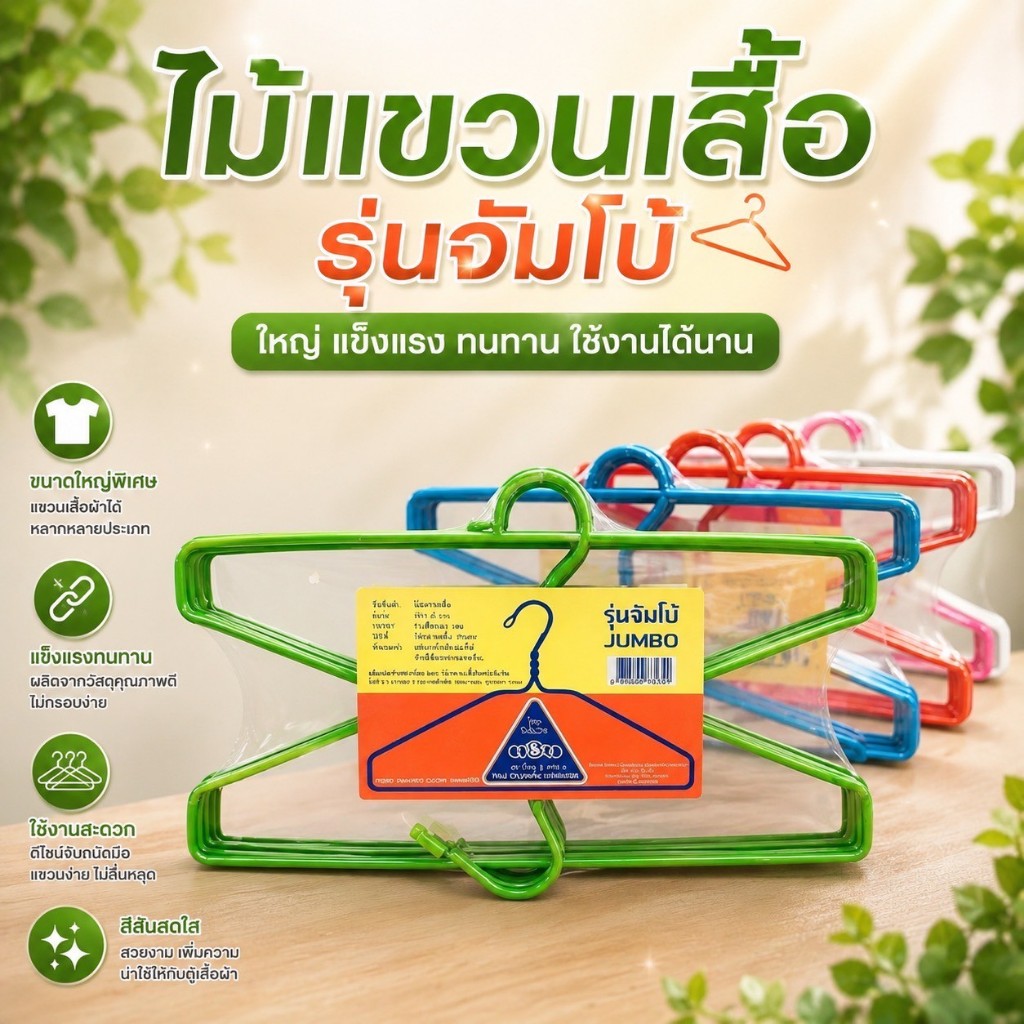 [รุ่นหนาพิเศษ!] ไม้แขวนเสื้อจัมโบ้ ตราไทยโอลิมปิก (5 ห่วง) ขนาดใหญ่ 45 ซม. แข็งแรง ทนทาน ไม่บิดงอ