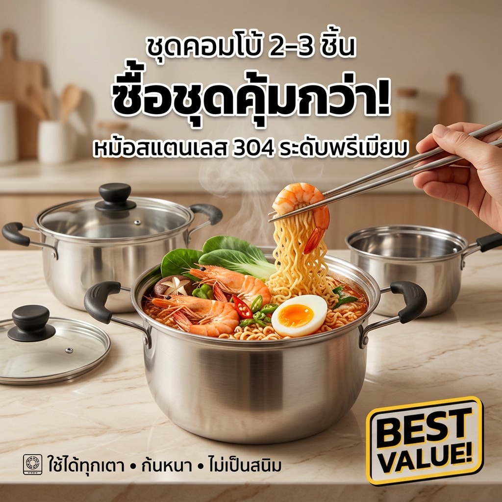 หม้อสแตนเลส 304 พร้อมฝาแก้ว ก้นหนา ใช้ได้กับเตาแม่เหล็กไฟฟ้า ไม่เป็นสนิม ต้มมาม่า ชาบู ใช้ได้ทุกเตา