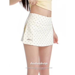 [Double layered shorts skirt with zipper]สไตล์อเมริกันวินเทจผู้หญิงกีฬาลมสบาย ๆ ลายจุดเต็มพิมพ์กางเกงขาสั้นกระโปรง